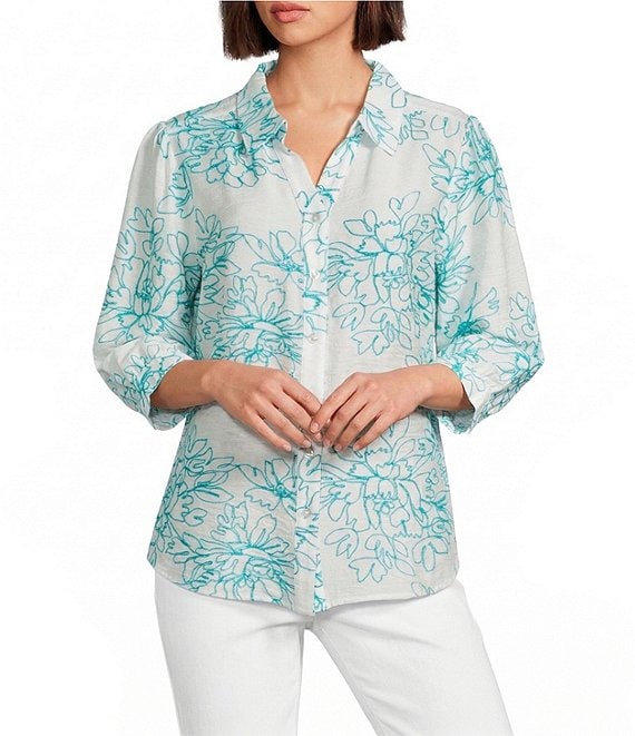 Allison Daley Embroidered 3/4 Sleeve Point Collar Button Front Blouse