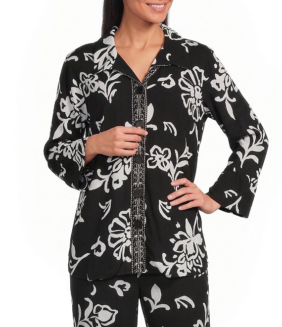 Allison Daley Floral Print 3/4 Flounce Sleeve Button Front Point Collar Top