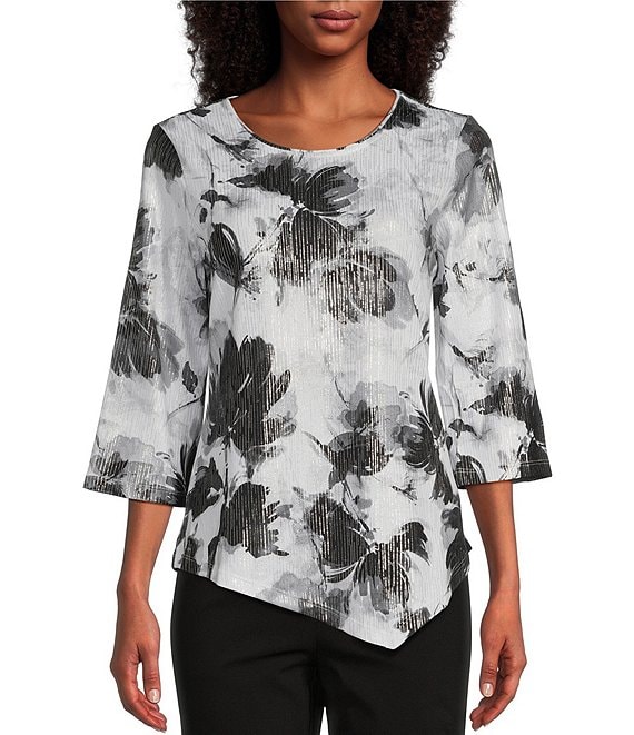 Allison Daley Floral Print 3/4 Sleeve Crew Neckline Asymmetric Hem Knit ...