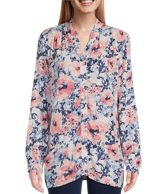 Allison Daley Floral Print Long Sleeve Y-Neck Button Front Top | Dillard's