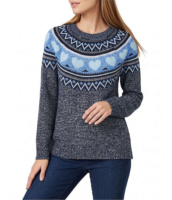Allison Daley Heart Pattern Long Sleeve Crew Neck Rib Trim Sweater