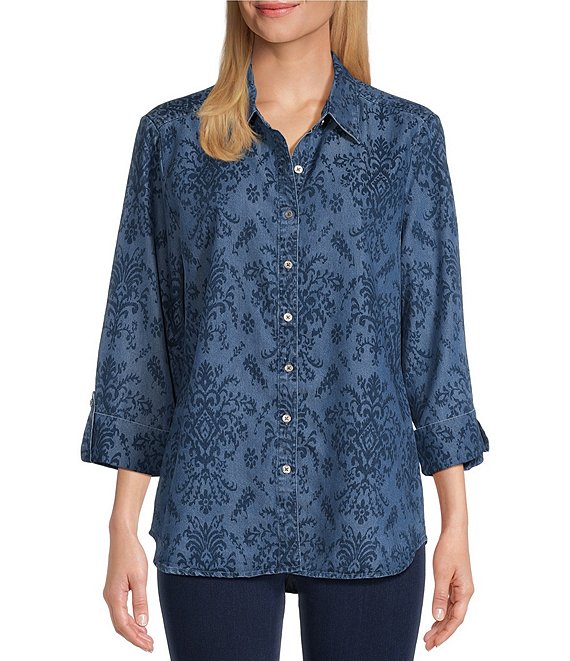 Allison Daley 3/4 Roll Tab Sleeve Point Collar Button Front Shirt ...