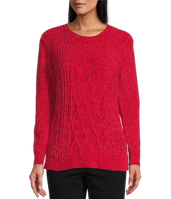 Color:Crimson - Image 1 - Long Sleeve Jewel Neck Cable Knit Metallic Chenille Sweater