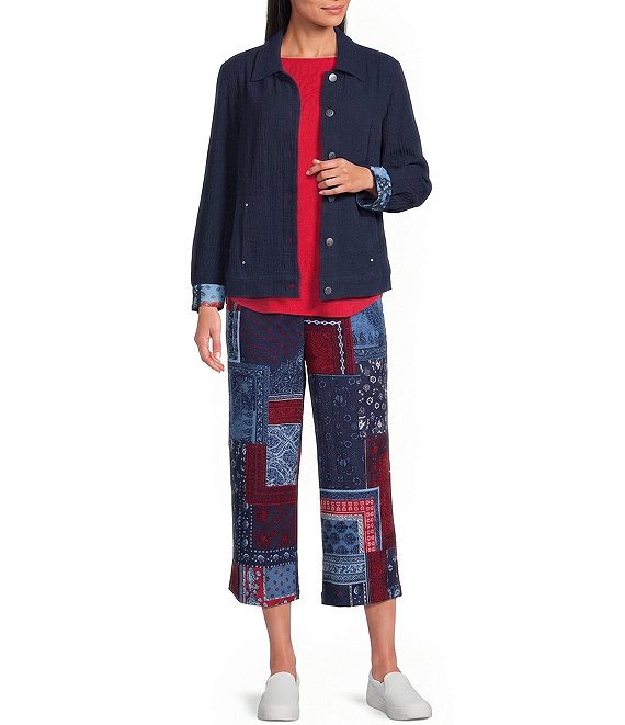 Allison Daley Navy Bandana Patchwork Pull-On Crinkle Soft Crop Coordinating Pants