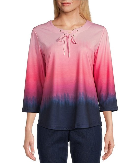 Color:Coral Ombre - Image 1 - Ombre 3/4 Sleeve Lace-Up Split V-Neck Knit Top