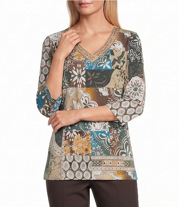 Allison Daley Patchwork Print 3/4 Sleeve V-Neck Embellished Top