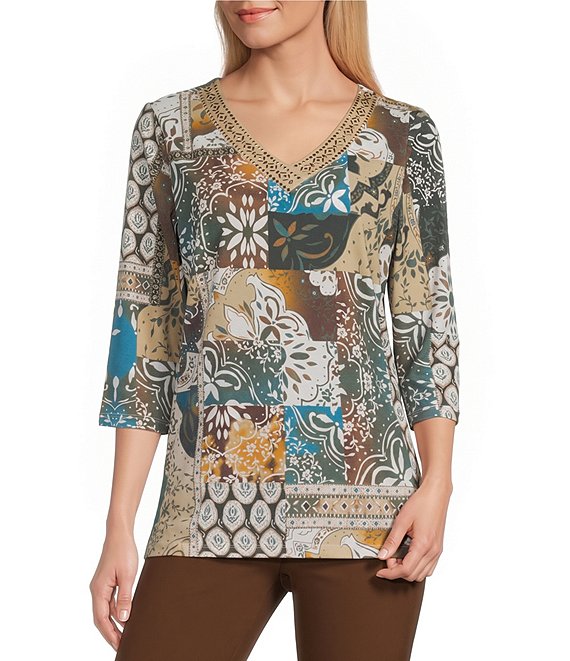 Allison Daley Patchwork Print 3/4 Sleeve V-Neck Embellished Top