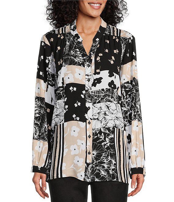 Color:Mix And Patches - Image 1 - Patchwork Print Long Sleeve V-Neck Button Front Top