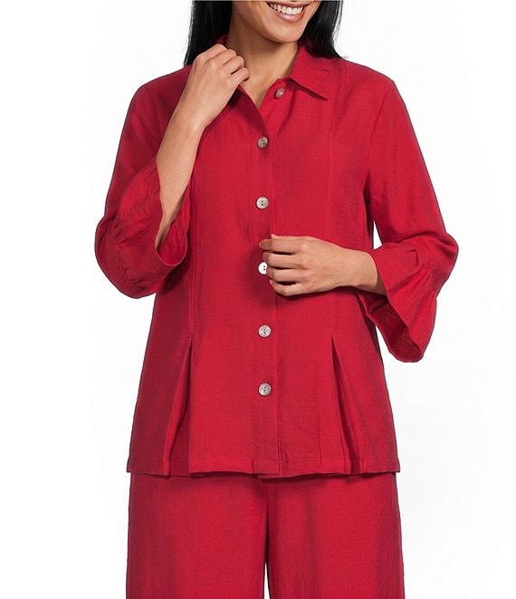 Allison Daley Petite Size 3/4 Flounce Sleeve Button Front Point Collar Top