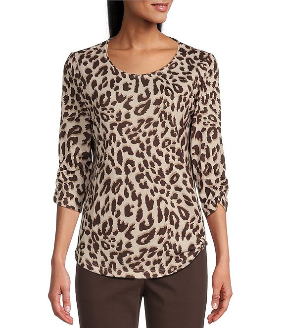 Allison Daley Petite Size Animal Print 3/4 Ruched Sleeve Crew Neck Knot ...