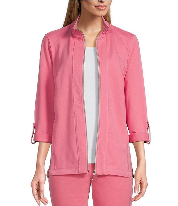 Color:Chateau Rose - Image 1 - Petite Size Coordinating Long Roll Tab Sleeve Stand Collar Zip Front Jacket
