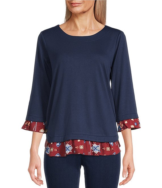 Color:Indigo - Image 1 - Petite Size Round Neck 3/4 Sleeve Button Detail Ruffle Tiered Twofer Printed Top