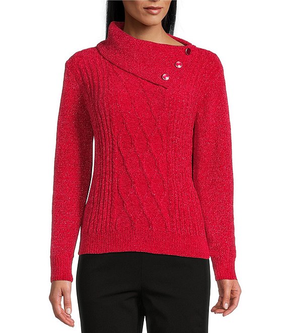 Color:Crimson - Image 1 - Petite Size Long Sleeve Envelope Neck Cable Knit Chenille Sweater