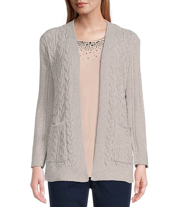 Color:Silver - Image 1 - Petite Size Long Sleeve Open Front Chenille Cardigan