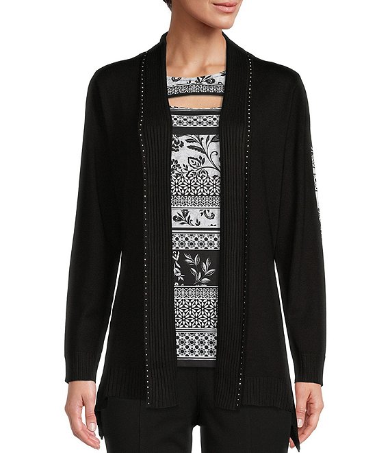 Color:Black - Image 1 - Petite Size Long Sleeve Open Front Embellished Cardigan