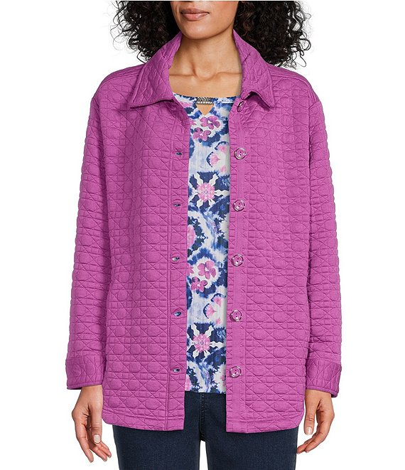 Color:Iris Orchid - Image 1 - Petite Size Long Sleeve Point Collar Button Front Quilted Shacket