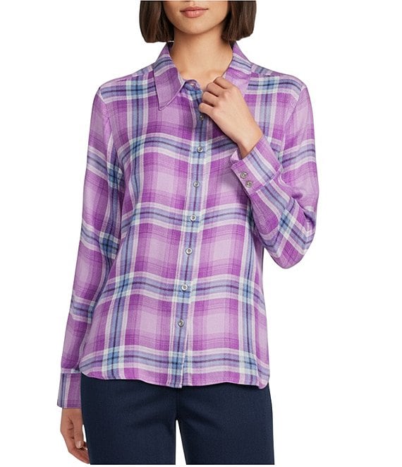 Allison Daley Petite Size Ombre Plaid 3/4 Sleeve Point Collar Button Front Shirt, Dewberry Ombre Plaid - Image 1