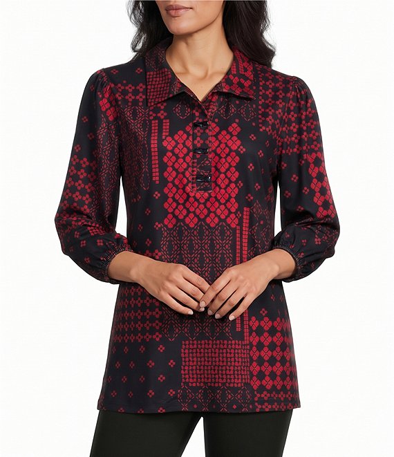 Allison Daley Petite Size Patchwork 3/4 Sleeve Point Collar Button Front Top