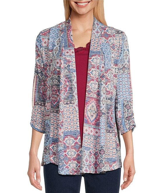 Allison Daley Petite Size Patchwork Print 3/4 Ruched Sleeve Open Front Cardigan