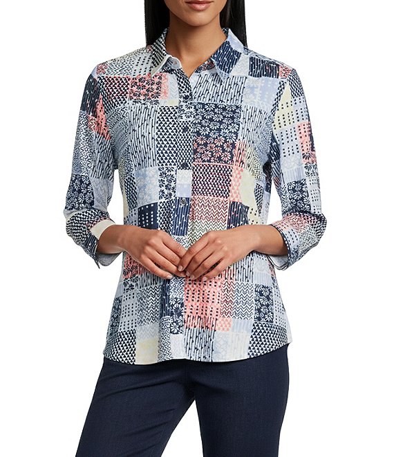 Allison Daley Petite Size Patchwork Print 3/4 Sleeve Point Collar Button Front Shirt