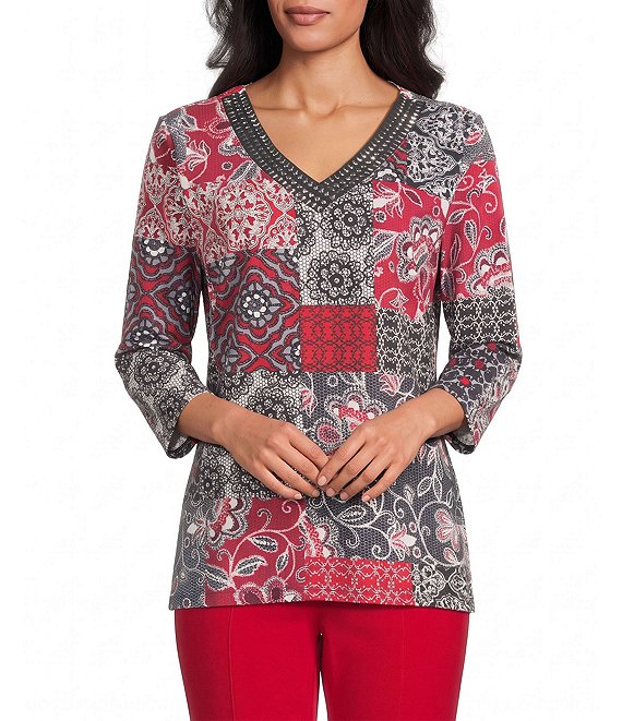 Allison Daley Petite Size Patchwork Print 3/4 Sleeve V-Neck Embellished Top