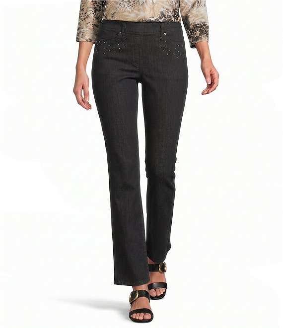 Allison Daley Petite Size Straight Leg Stretch Denim Elastic Waist Pull-On Embellished Pants