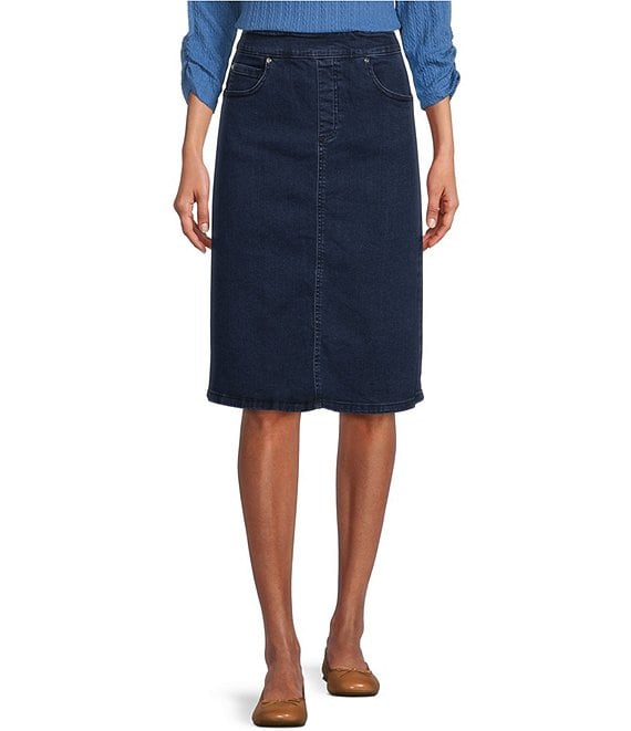 Color:Dark Indigo - Image 1 - Petite Size Stretch Denim Elastic Waist Pull-On Pencil Skirt