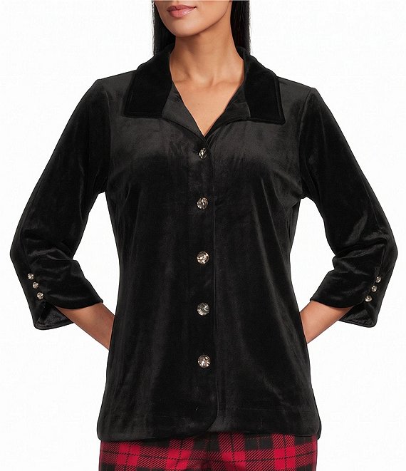 Allison Daley Petite Size Velour 3/4 Sleeve Point Collar Button Front Top