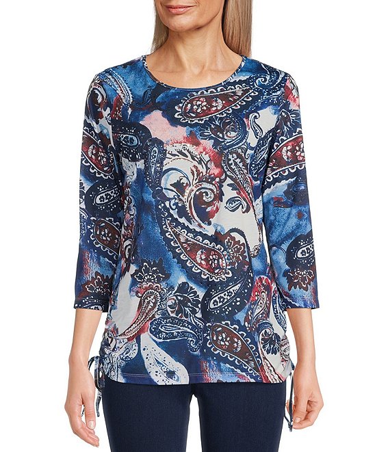 Color:Watercolor Paisley - Image 1 - Petite Size Watercolor Paisley Print 3/4 Sleeve Crew Neck Ruched Side Tie Knit Top