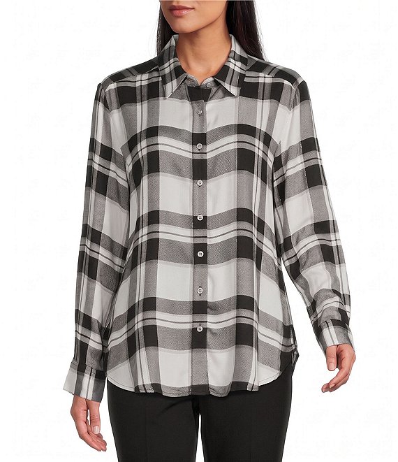 Allison Daley Plaid Long Sleeve Button Front Point Collar Top