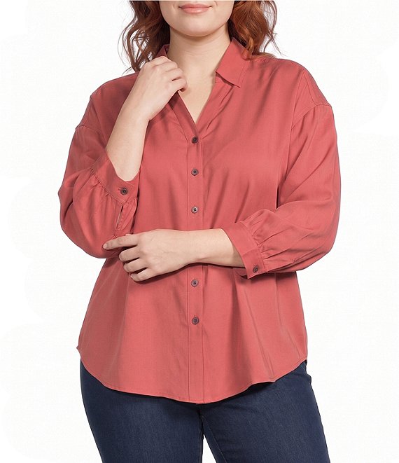 Allison Daley Plus Size 3/4 Sleeve Point Collar Y-Neck Button Front Top