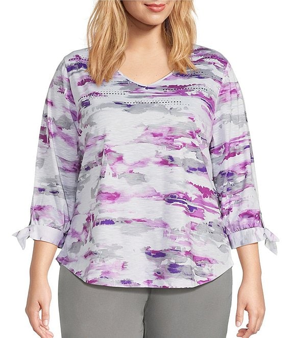 Allison Daley Plus Size Abstract Print 3/4 Tie Sleeve V Neck Knit Top ...