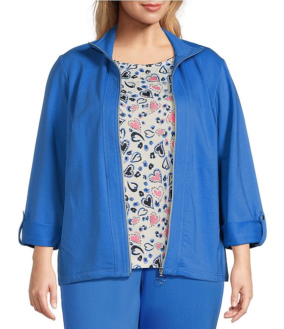 Color:Campanula - Image 1 - Plus Size Coordinating Long Roll Tab Sleeve Stand Collar Zip Front Jacket