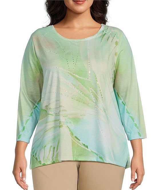 Allison Daley Plus Size Embellished Butterfly Print 3/4 Sleeve Crew ...