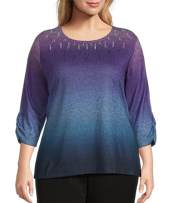 Sleeve Shirt Neck Daley Ombre Embellished Knit | Abstract Plus Ruched Crew 3/4 Allison Size Dillard\'s