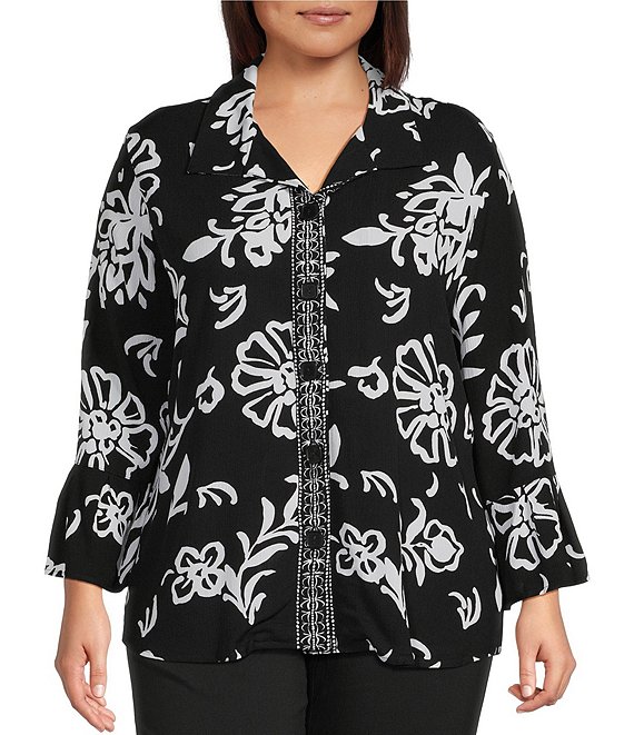 Allison Daley Plus Size Floral Print 3/4 Flounce Sleeve Button Front Point Collar Top