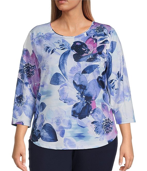 Color:Bloomfield Placement - Image 1 - Plus Size Floral Print 3/4 Sleeve Round Neck Knit Top