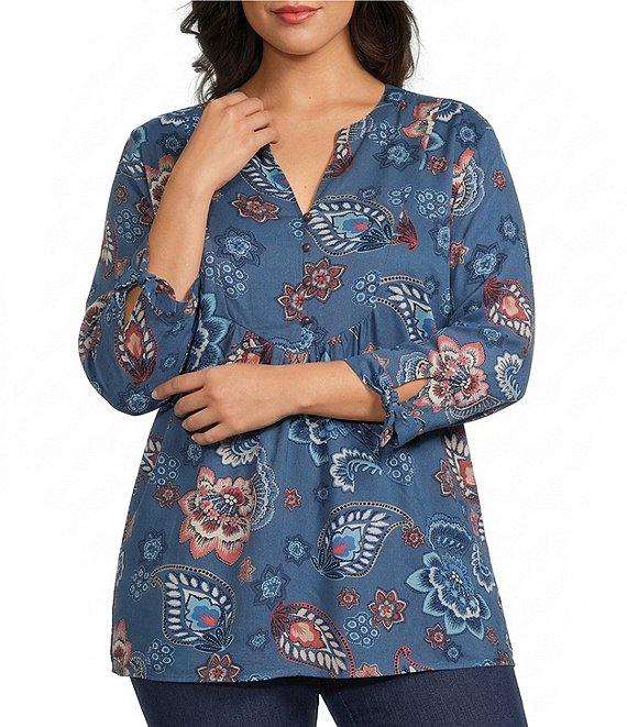 Allison Daley Plus Size Indigo Multi Floral Print 3/4 Tie Sleeve Y-Neck Blouse