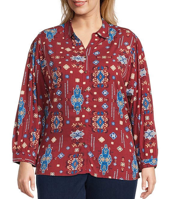 Color:Outwest - Image 1 - Plus Size Printed Point Collar Long Sleeve Button Front Top