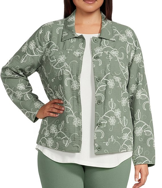 Allison Daley Plus Size Long Sleeve Button Front Point Collar Embroidered Jacket