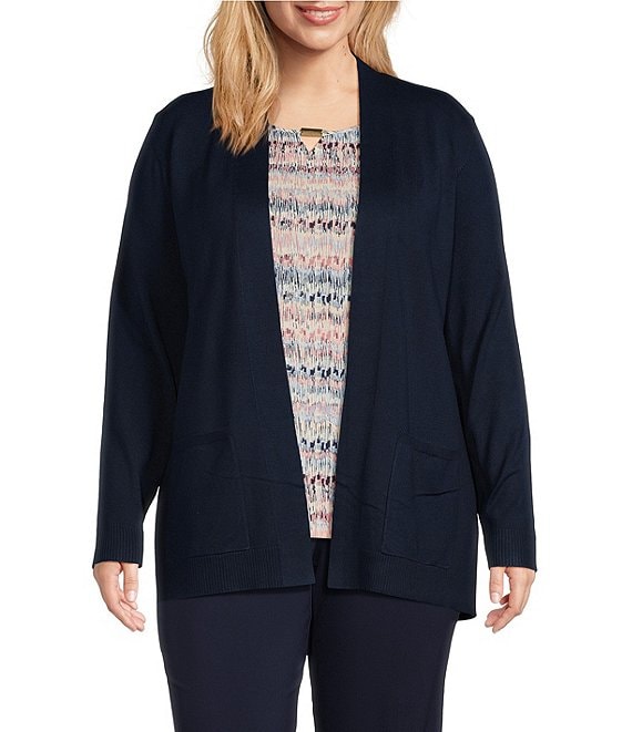 Color:True Navy - Image 1 - Plus Size Long Sleeve Open Front Patch Pocket Cardigan