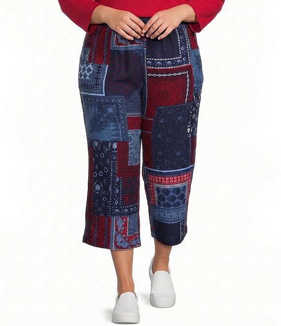 Allison Daley Plus Size Navy Bandana Patchwork Pull-On Crinkle Soft Crop Pants