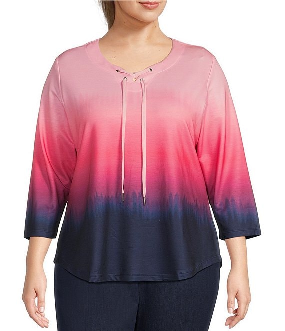 Color:Coral Ombre - Image 1 - Plus Size Ombre 3/4 Sleeve Lace-Up Split V-Neck Knit Top