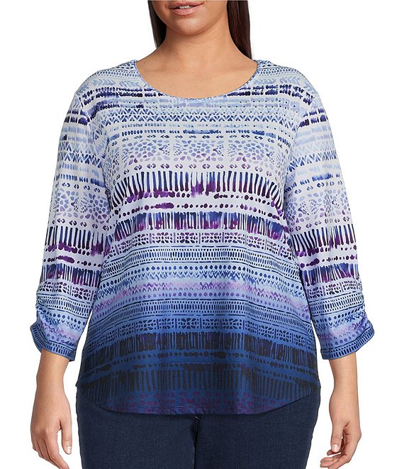 Color:Willow Tier - Image 1 - Plus Size Ombre Striped Print 3/4 Sleeve Round Neck Knit Top