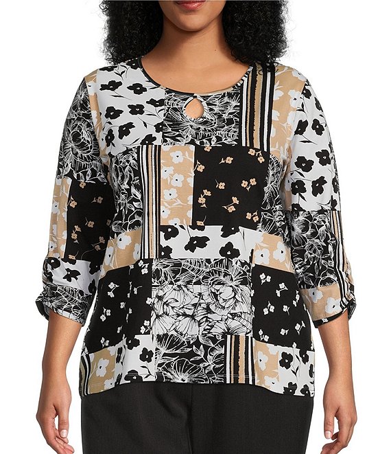Allison Daley Plus Size Patchwork Print 3/4 Ruched Sleeves Keyhole Neck ...