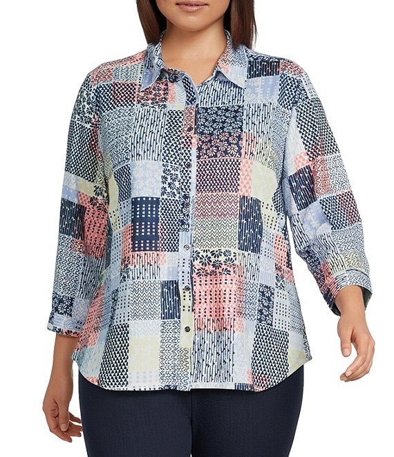 Allison Daley Plus Size Patchwork Print 3/4 Sleeve Point Collar Button Front Shirt
