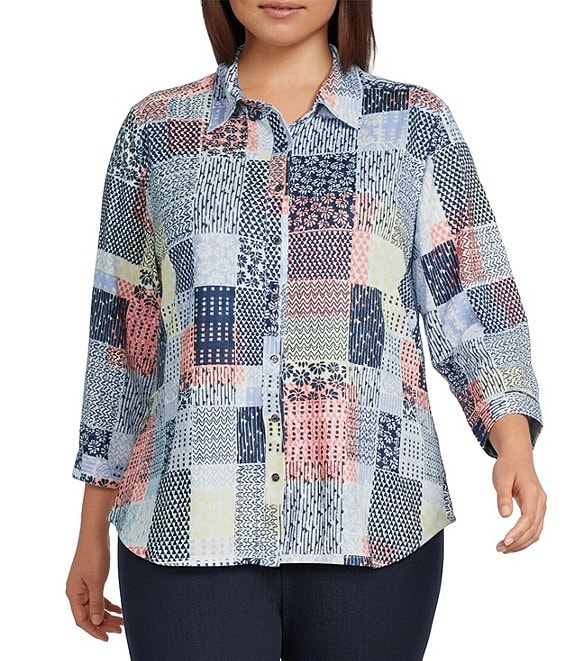 Allison Daley Plus Size Patchwork Print 3/4 Sleeve Point Collar Button Front Shirt