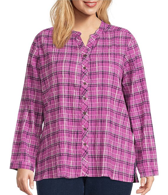 Allison Daley Plus Size Plaid Print Long Sleeve Y-Neck Button Front ...