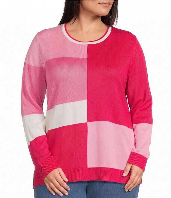 Allison Daley Plus Size Raspberry and Cream Long Sleeve Crew Neck Sweater