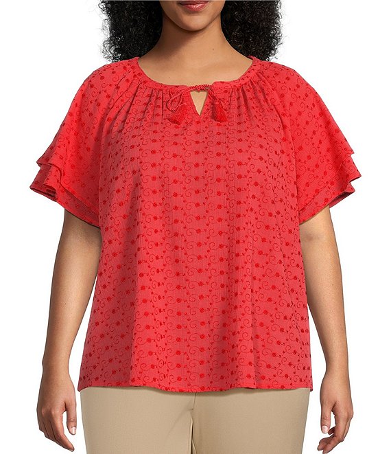 Allison Daley Plus Size Short Flutter Sleeve Tie Neck Embroidered ...